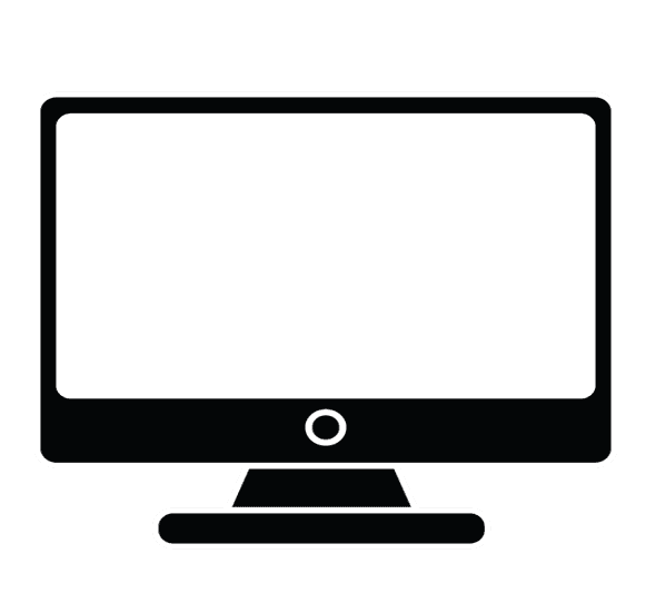 Black and white icon of a computer monitor with a blank screen, a circular button below, and a rectangular base, set against a light gray background—perfect for IL businesses offering vehicle wraps Spring Grove services.
