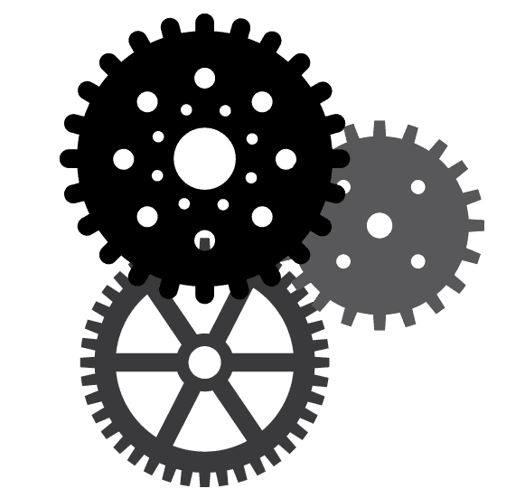 Three interlocking gears of different sizes and shades are shown, symbolizing the precision of IL Car Wraps Spring Grove. The top left gear is black with eight holes, the top right is gray with four holes, and the bottom is dark gray with six spokes.
